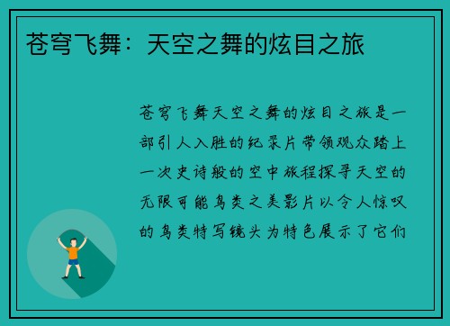 苍穹飞舞：天空之舞的炫目之旅